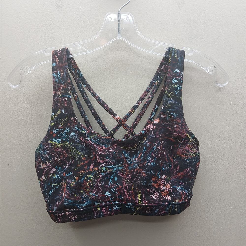 Lululemon Athletica Splatter Paint Print Free to Be Serene Sports Bra Black SZ 8